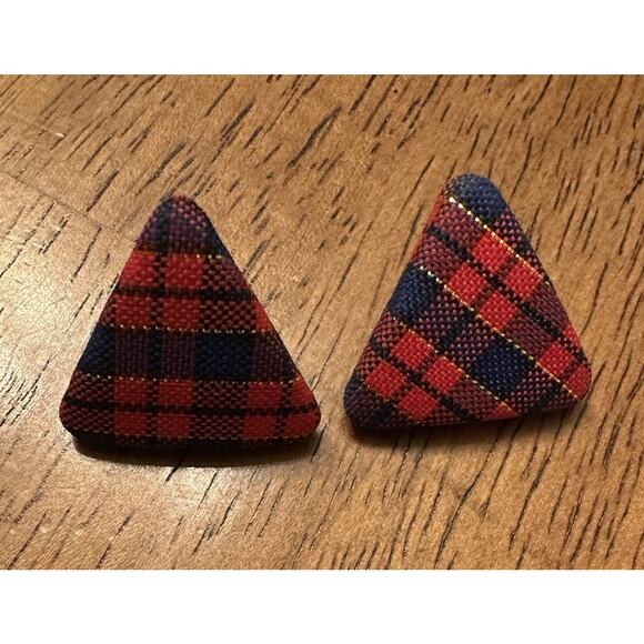 Vintage Plaid Cloth Triangle Earrings Red Navy Gold Xmas Holiday Academia Retro - Picture 1 of 3